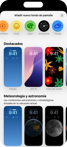 Pulsa una categoría y sigue las indicaciones de la pantalla para seleccionar la imagen de fondo deseada. Pulsa una categoría y sigue las indicaciones de la pantalla para seleccionar la imagen de fondo deseada.