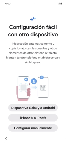 Pulsa la opción deseada para transferir contenido desde otro dispositivo y pulsa Configurar manualmente. Pulsa la opción deseada para transferir contenido desde otro dispositivo y pulsa Configurar manualmente.