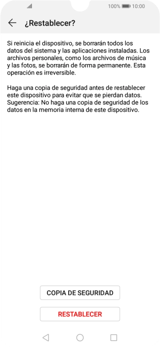 Pulsa RESTABLECER. Espera unos instantes mientras el teléfono restablece la configuración predeterminada. Sigue las indicaciones de la pantalla para configurar el teléfono y dejarlo listo para su uso. Pulsa RESTABLECER. Espera unos instantes mientras el teléfono restablece la configuración predeterminada. Sigue las indicaciones de la pantalla para configurar el teléfono y dejarlo listo para su uso.