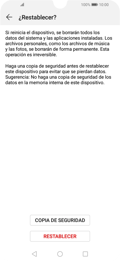 Pulsa RESTABLECER. Espera unos instantes mientras el teléfono restablece la configuración predeterminada. Sigue las indicaciones de la pantalla para configurar el teléfono y dejarlo listo para su uso. Pulsa RESTABLECER. Espera unos instantes mientras el teléfono restablece la configuración predeterminada. Sigue las indicaciones de la pantalla para configurar el teléfono y dejarlo listo para su uso.