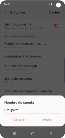 Introduce el nombre deseado de la cuenta de correo electrónico y pulsa Hecho. Introduce el nombre deseado de la cuenta de correo electrónico y pulsa Hecho.