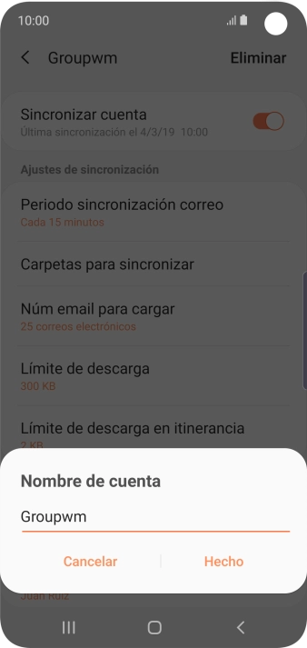 Introduce el nombre deseado de la cuenta de correo electrónico y pulsa Hecho. Introduce el nombre deseado de la cuenta de correo electrónico y pulsa Hecho.