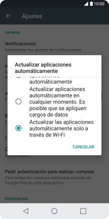 Para activar la actualización automática de apps a través de wifi, pulsa Actualizar las aplicaciones automáticamente solo a través de Wi-Fi. Para activar la actualización automática de apps a través de wifi, pulsa Actualizar las aplicaciones automáticamente solo a través de Wi-Fi.