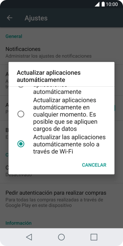 Para activar la actualización automática de apps a través de wifi, pulsa Actualizar las aplicaciones automáticamente solo a través de Wi-Fi. Para activar la actualización automática de apps a través de wifi, pulsa Actualizar las aplicaciones automáticamente solo a través de Wi-Fi.