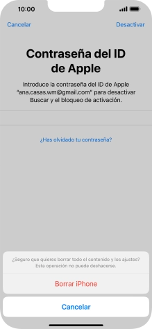 Introduce la contraseña de tu ID de Apple y pulsa Borrar iPhone. Espera unos instantes mientras el teléfono restablece la configuración predeterminada. Sigue las indicaciones de la pantalla para configurar el teléfono y dejarlo listo para su uso. Introduce la contraseña de tu ID de Apple y pulsa Borrar iPhone. Espera unos instantes mientras el teléfono restablece la configuración predeterminada. Sigue las indicaciones de la pantalla para configurar el teléfono y dejarlo listo para su uso.