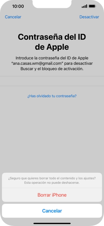 Introduce la contraseña de tu ID de Apple y pulsa Borrar iPhone. Espera unos instantes mientras el teléfono restablece la configuración predeterminada. Sigue las indicaciones de la pantalla para configurar el teléfono y dejarlo listo para su uso. Introduce la contraseña de tu ID de Apple y pulsa Borrar iPhone. Espera unos instantes mientras el teléfono restablece la configuración predeterminada. Sigue las indicaciones de la pantalla para configurar el teléfono y dejarlo listo para su uso.