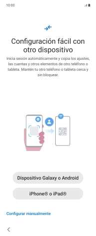 Pulsa la opción deseada para transferir contenido desde otro dispositivo y pulsa Configurar manualmente. Pulsa la opción deseada para transferir contenido desde otro dispositivo y pulsa Configurar manualmente.