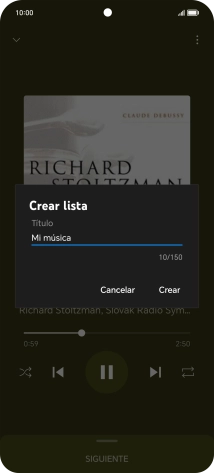 Introduce el nombre deseado de la lista de reproducción y pulsa Crear. Introduce el nombre deseado de la lista de reproducción y pulsa Crear.