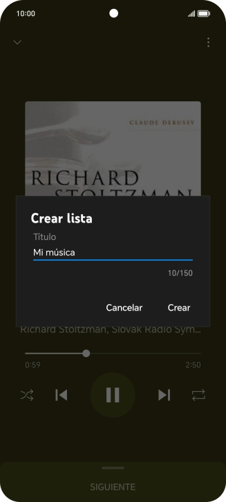 Introduce el nombre deseado de la lista de reproducción y pulsa Crear. Introduce el nombre deseado de la lista de reproducción y pulsa Crear.
