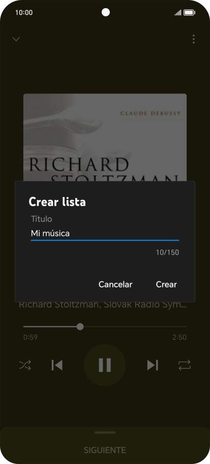 Introduce el nombre deseado de la lista de reproducción y pulsa Crear. Introduce el nombre deseado de la lista de reproducción y pulsa Crear.