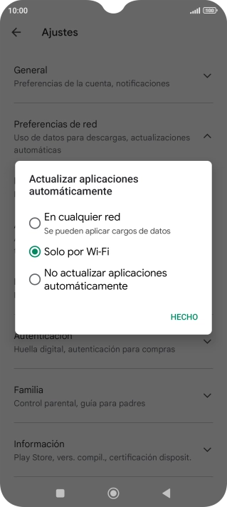 Para activar la actualización automática de apps a través de la red móvil, pulsa el campo junto a 