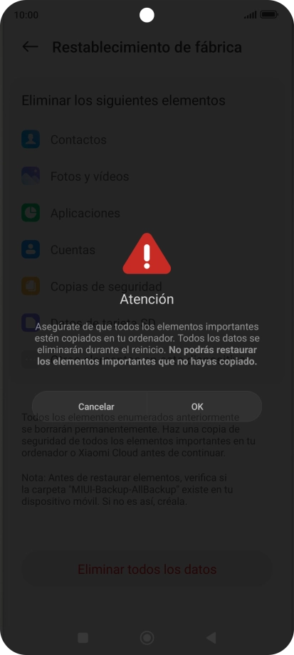 Pulsa OK. Espera unos instantes mientras el teléfono restablece la configuración predeterminada. Sigue las indicaciones de la pantalla para configurar el teléfono y dejarlo listo para su uso. Pulsa OK. Espera unos instantes mientras el teléfono restablece la configuración predeterminada. Sigue las indicaciones de la pantalla para configurar el teléfono y dejarlo listo para su uso.