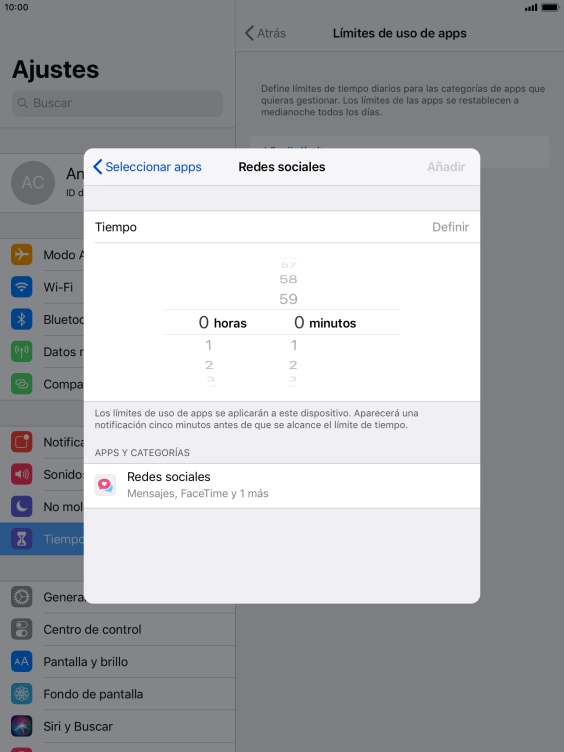 Configura el límite de tiempo deseado para el uso de la categoría seleccionada. Configura el límite de tiempo deseado para el uso de la categoría seleccionada.