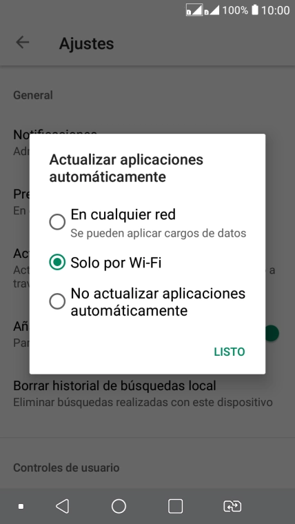 Para activar la actualización automática de apps utilizando la red móvil, pulsa En cualquier red. Se pueden aplicar cargos de datos. Para activar la actualización automática de apps utilizando la red móvil, pulsa En cualquier red. Se pueden aplicar cargos de datos.