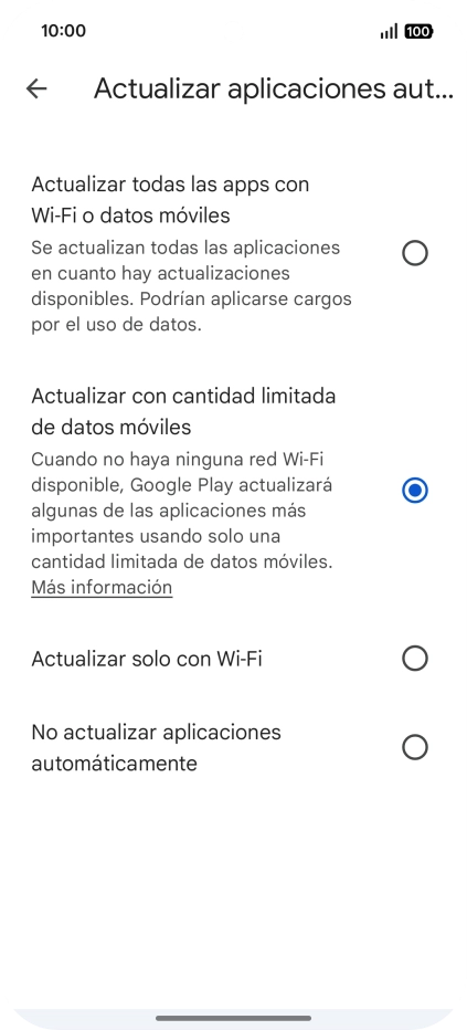 Para activar la actualización automática de apps utilizando la red móvil, pulsa Actualizar todas las apps con Wi-Fi o datos móviles. Para activar la actualización automática de apps utilizando la red móvil, pulsa Actualizar todas las apps con Wi-Fi o datos móviles.