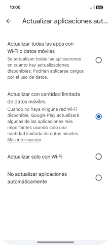 Para activar la actualización automática de apps utilizando la red móvil, pulsa Actualizar todas las apps con Wi-Fi o datos móviles. Para activar la actualización automática de apps utilizando la red móvil, pulsa Actualizar todas las apps con Wi-Fi o datos móviles.