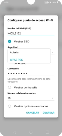 Pulsa WPA2 PSK para proteger la conexión wifi con una contraseña. Pulsa WPA2 PSK para proteger la conexión wifi con una contraseña.