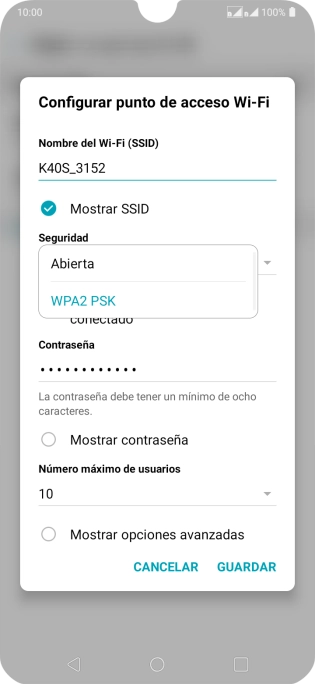 Pulsa WPA2 PSK para proteger la conexión wifi con una contraseña. Pulsa WPA2 PSK para proteger la conexión wifi con una contraseña.