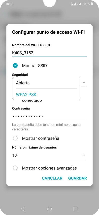 Pulsa WPA2 PSK para proteger la conexión wifi con una contraseña. Pulsa WPA2 PSK para proteger la conexión wifi con una contraseña.