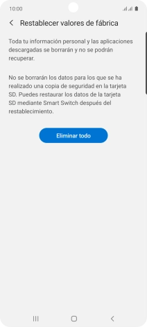 Pulsa Eliminar todo. Espera unos instantes mientras el teléfono restablece la configuración predeterminada. Sigue las indicaciones de la pantalla para configurar el teléfono y dejarlo listo para su uso.