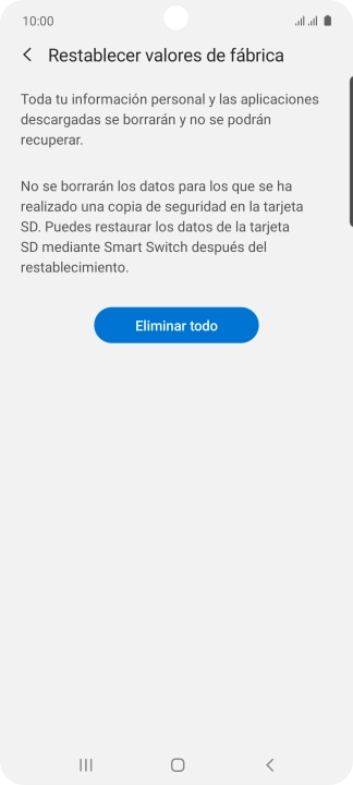 Pulsa Eliminar todo. Espera unos instantes mientras el teléfono restablece la configuración predeterminada. Sigue las indicaciones de la pantalla para configurar el teléfono y dejarlo listo para su uso.