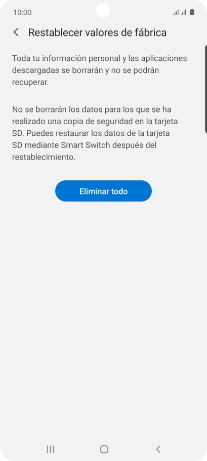 Pulsa Eliminar todo. Espera unos instantes mientras el teléfono restablece la configuración predeterminada. Sigue las indicaciones de la pantalla para configurar el teléfono y dejarlo listo para su uso.