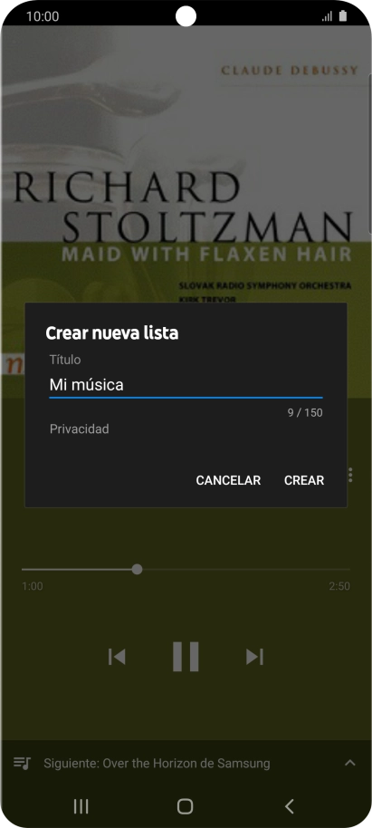 Introduce el nombre deseado de la lista de reproducción y pulsa CREAR. Introduce el nombre deseado de la lista de reproducción y pulsa CREAR.