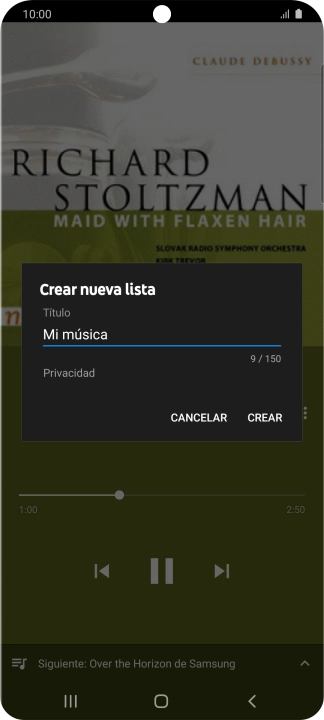 Introduce el nombre deseado de la lista de reproducción y pulsa CREAR. Introduce el nombre deseado de la lista de reproducción y pulsa CREAR.