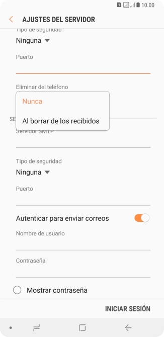 Pulsa Nunca para conservar los correos electrónicos en el servidor cuando los borras del teléfono. Pulsa Nunca para conservar los correos electrónicos en el servidor cuando los borras del teléfono.