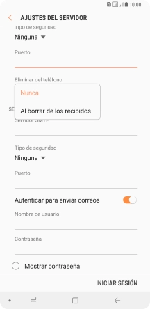 Pulsa Nunca para conservar los correos electrónicos en el servidor cuando los borras del teléfono. Pulsa Nunca para conservar los correos electrónicos en el servidor cuando los borras del teléfono.