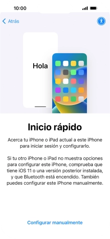 Sigue las indicaciones de la pantalla para transferir contenido de otro dispositivo iOS11 o con una versión más reciente o pulsa Configurar manualmente. Sigue las indicaciones de la pantalla para transferir contenido de otro dispositivo iOS11 o con una versión más reciente o pulsa Configurar manualmente.