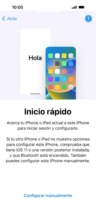 Sigue las indicaciones de la pantalla para transferir contenido de otro dispositivo iOS11 o con una versión más reciente o pulsa Configurar manualmente. Sigue las indicaciones de la pantalla para transferir contenido de otro dispositivo iOS11 o con una versión más reciente o pulsa Configurar manualmente.