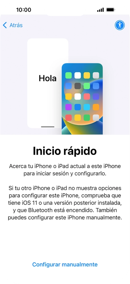Sigue las indicaciones de la pantalla para transferir contenido de otro dispositivo iOS11 o con una versión más reciente o pulsa Configurar manualmente. Sigue las indicaciones de la pantalla para transferir contenido de otro dispositivo iOS11 o con una versión más reciente o pulsa Configurar manualmente.