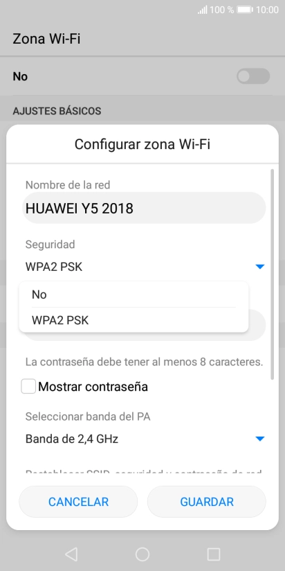 Pulsa WPA2 PSK para proteger la conexión wifi con una contraseña.