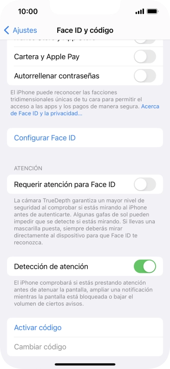 Pulsa Activar código e introduce un código de seguridad de libre elección dos veces seguidas. Pulsa Activar código e introduce un código de seguridad de libre elección dos veces seguidas.