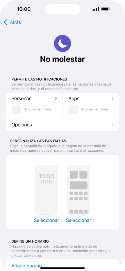 Pulsa Personas y sigue las indicaciones de la pantalla para seleccionar de qué contactos quieres recibir llamadas y notificaciones cuando No molestar está activado.