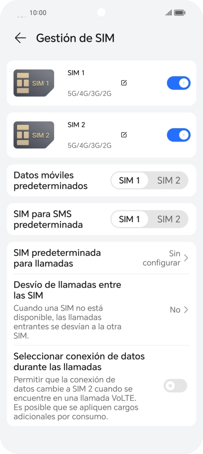 Pulsa el indicador junto a la tarjeta SIM deseada para activar o desactivar su uso. Pulsa el indicador junto a la tarjeta SIM deseada para activar o desactivar su uso.