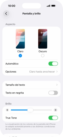Si activas la función, pulsa Opciones y sigue las indicaciones de la pantalla para seleccionar el período de tiempo que debe durar el Modo Oscuro. Si activas la función, pulsa Opciones y sigue las indicaciones de la pantalla para seleccionar el período de tiempo que debe durar el Modo Oscuro.