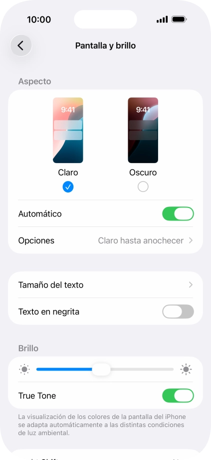 Si activas la función, pulsa Opciones y sigue las indicaciones de la pantalla para seleccionar el período de tiempo que debe durar el Modo Oscuro. Si activas la función, pulsa Opciones y sigue las indicaciones de la pantalla para seleccionar el período de tiempo que debe durar el Modo Oscuro.