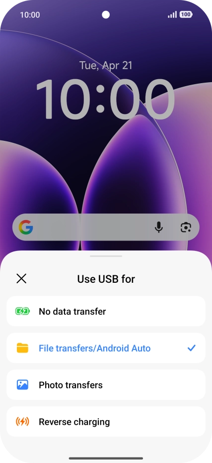 Press File transfer/Android Auto.