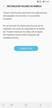 Pulsa ELIMINAR TODO. Espera unos instantes mientras el teléfono restablece la configuración predeterminada. Sigue las indicaciones de la pantalla para configurar el teléfono y dejarlo listo para su uso.