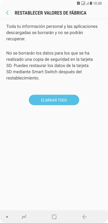Pulsa ELIMINAR TODO. Espera unos instantes mientras el teléfono restablece la configuración predeterminada. Sigue las indicaciones de la pantalla para configurar el teléfono y dejarlo listo para su uso.