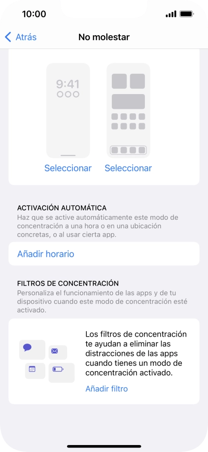 Pulsa Añadir horario y sigue las indicaciones de la pantalla para seleccionar los ajustes de la activación automática de No molestar. Pulsa Añadir horario y sigue las indicaciones de la pantalla para seleccionar los ajustes de la activación automática de No molestar.