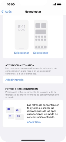 Pulsa Añadir horario y sigue las indicaciones de la pantalla para seleccionar los ajustes de la activación automática de No molestar. Pulsa Añadir horario y sigue las indicaciones de la pantalla para seleccionar los ajustes de la activación automática de No molestar.