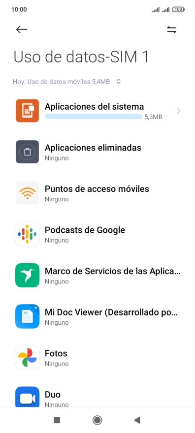 El consumo de datos por cada aplicación aparece bajo el nombre de la aplicación. El consumo de datos por cada aplicación aparece bajo el nombre de la aplicación.