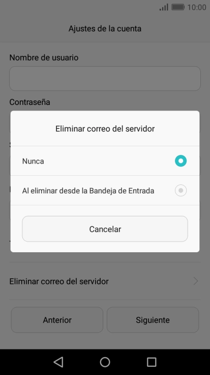 Pulsa Nunca para conservar los correos electrónicos en el servidor cuando los borras del teléfono. Pulsa Nunca para conservar los correos electrónicos en el servidor cuando los borras del teléfono.
