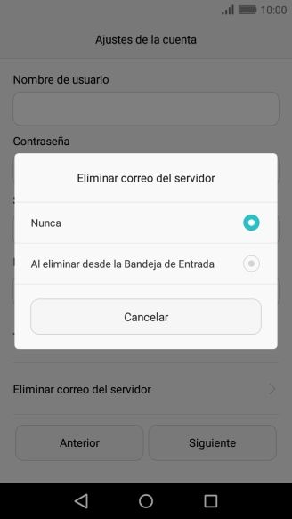 Pulsa Nunca para conservar los correos electrónicos en el servidor cuando los borras del teléfono. Pulsa Nunca para conservar los correos electrónicos en el servidor cuando los borras del teléfono.