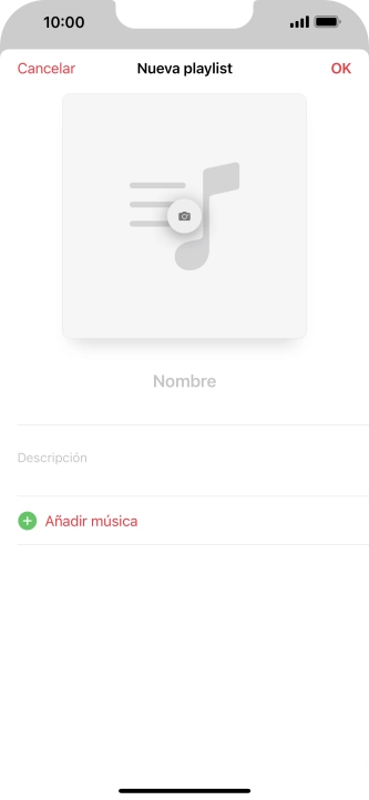 Pulsa en el campo de escritura e introduce el nombre de la lista de reproducción. Pulsa en el campo de escritura e introduce el nombre de la lista de reproducción.