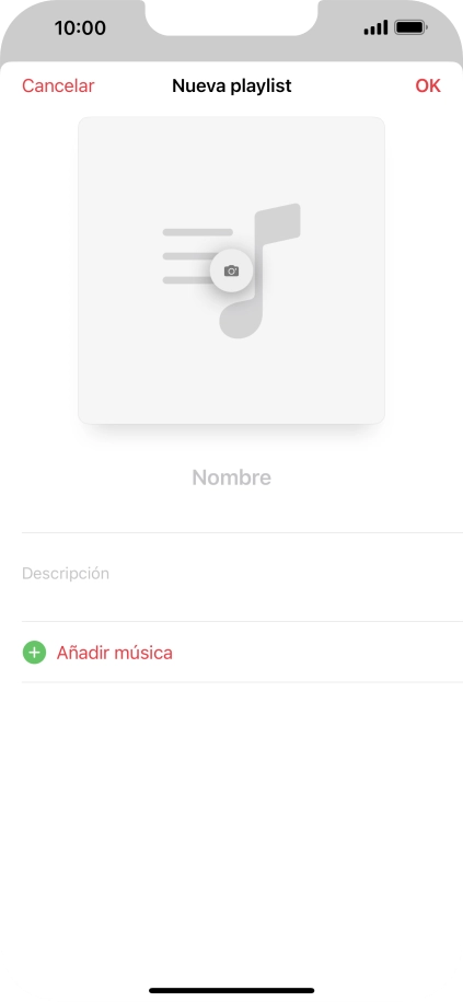 Pulsa en el campo de escritura e introduce el nombre de la lista de reproducción. Pulsa en el campo de escritura e introduce el nombre de la lista de reproducción.