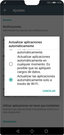 Para activar la actualización automática de apps utilizando la red móvil, pulsa Actualizar aplicaciones automáticamente en cualquier momento. Es posible que se apliquen cargos de datos..